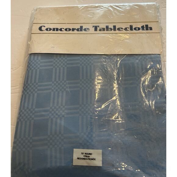 Vintage Blue Tablecloth Concorde 70 in Round Polyester Square Imprint Solid NWT - Picture 2 of 6